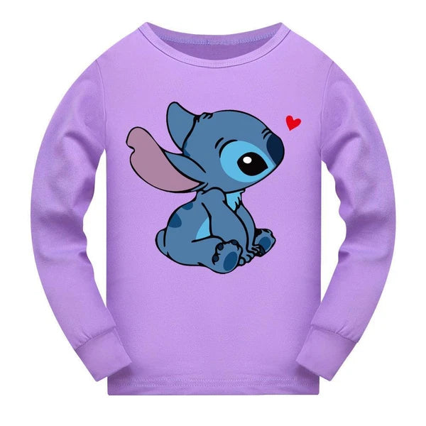 Stitch 5-13 Year Old Girls' Pajama Set, Boys' Cartoon Round Neck Long Sleeve Set