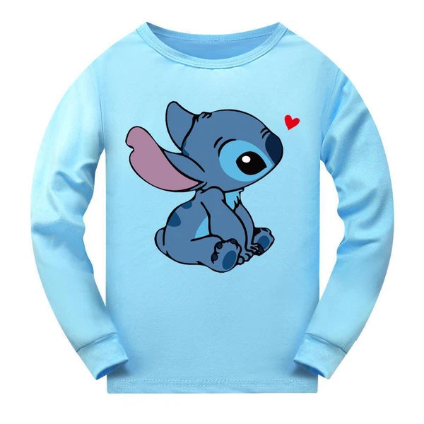 Stitch 5-13 Year Old Girls' Pajama Set, Boys' Cartoon Round Neck Long Sleeve Set
