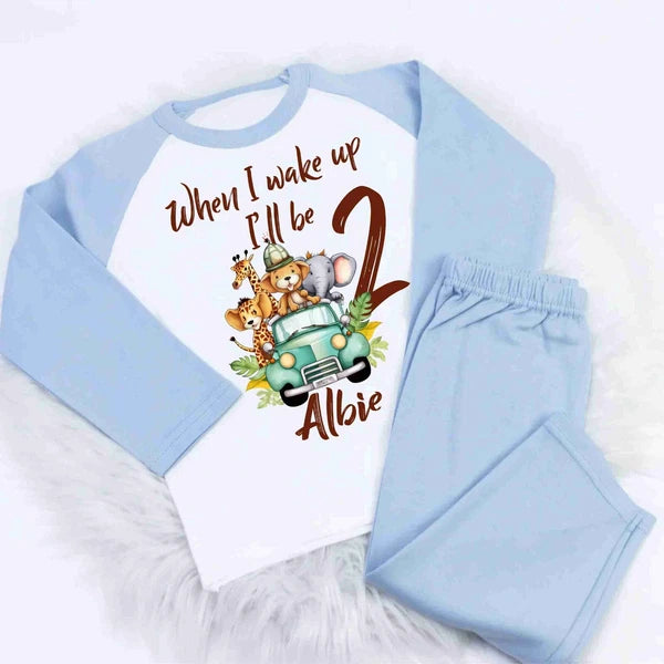 Personalised Boys girls Baby Childrens SAFARI THEMED AN2  PJ loungewear pyjamas