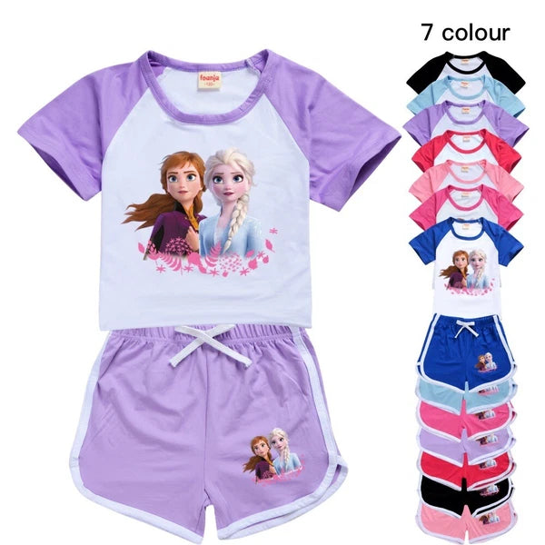 Popular frozen girl short sleeved T-shirt top shorts casual pajama set gift