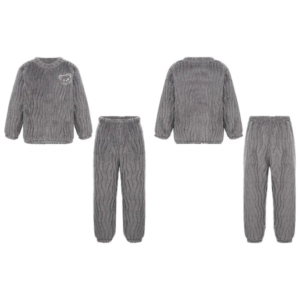 Kids Pajamas Set Flannel Sleepwear Bear Tops Pullover with Plush Pants Trousers