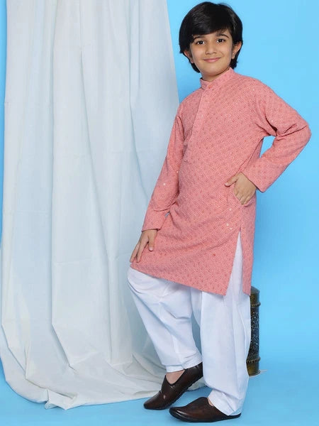 Kids Ethnic Mirror Work Cotton Kurta Pyjama Set/Party Wear Chikankari Kurta