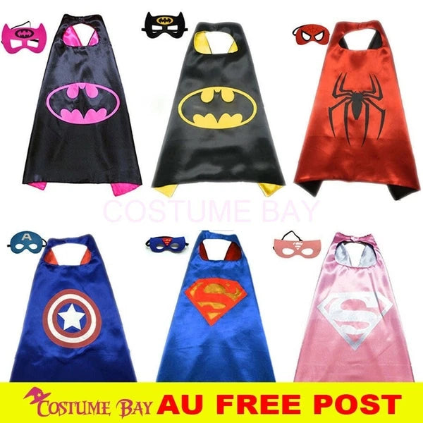 Kids PJ Superhero Cape & Mask Set Boy Girl Superman Spiderman Halloween Costume