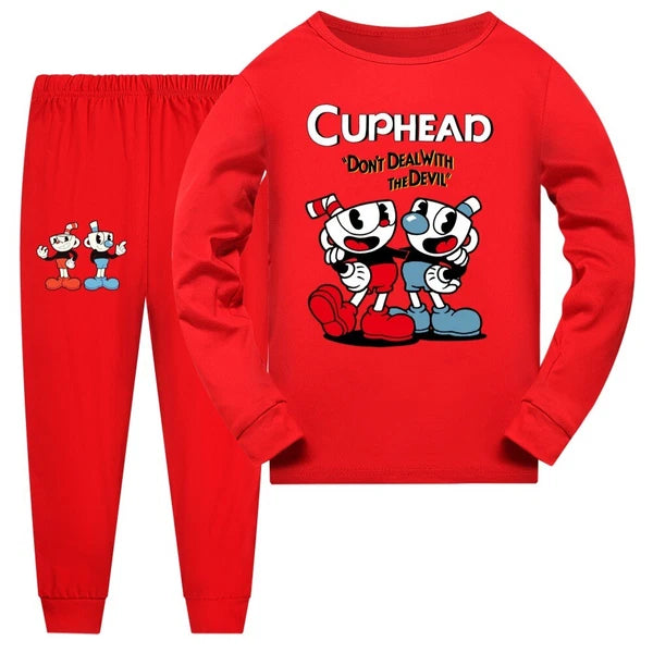 Children's Red Blue Teacup Print Casual Long Sleeve Trousers Pajamas Suit Trend