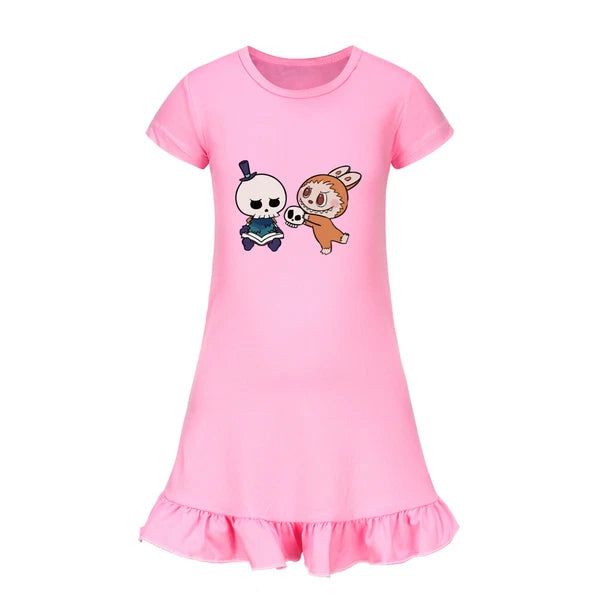 Cartoon Print Girl's Short-Sleeved Pajamas Home Clothes Nightdress Skirt New Hot