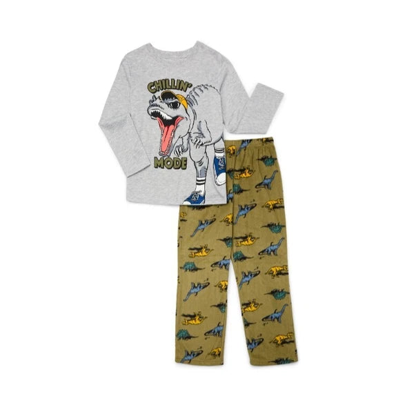 Wonder Nation Boys Dino Long Sleeve Top and Pants 2-Pc Sleep Set Sz M L 8 10 12