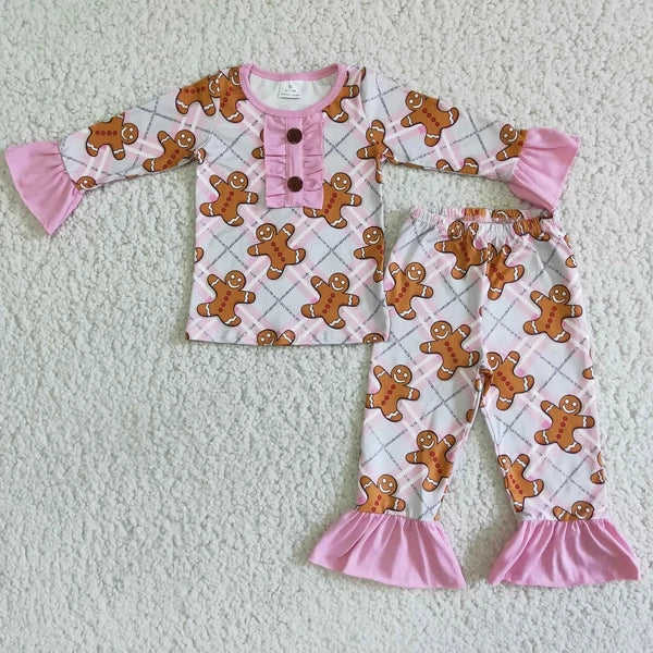 Girl Long Sleeve Pajama Set 2pcs Christmas Outfit Gingerbread Print