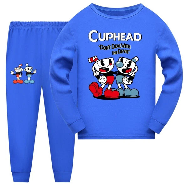 Children's Red Blue Teacup Print Casual Long Sleeve Trousers Pajamas Suit Trend