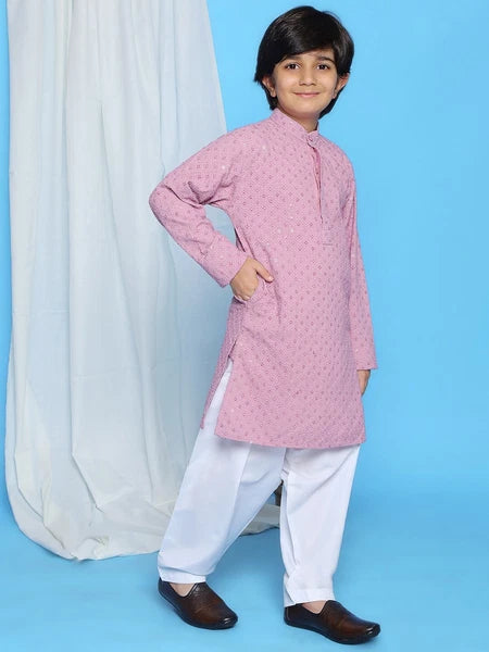 Kids Ethnic Mirror Work Cotton Kurta Pyjama Set/Party Wear Chikankari Kurta