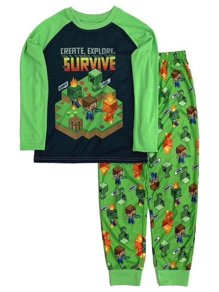 Minecraft Boys Lightweight Blue & Green Gamer Pajamas Sleep Set