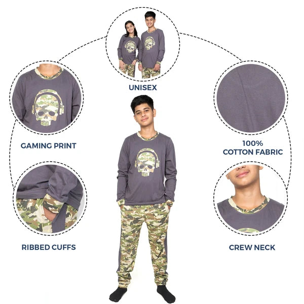 Kids Unisex Boys Girls Long Camo Cotton Gamer Gaming Pyjamas PJ Sets 5-13 Years
