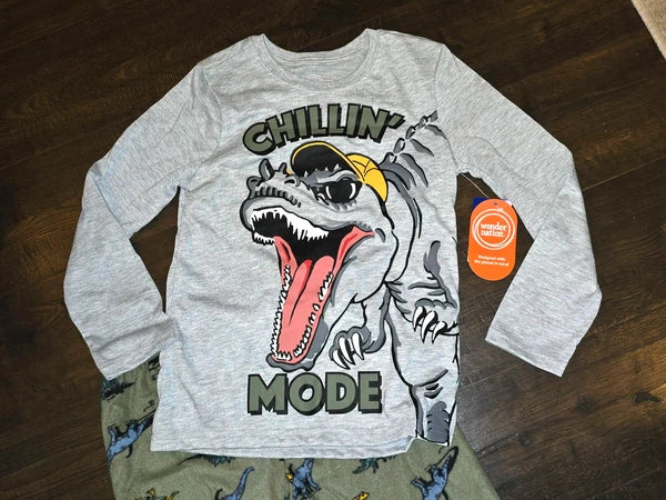 Wonder Nation Boys Dino Long Sleeve Top and Pants 2-Pc Sleep Set Sz M L 8 10 12