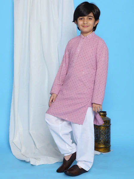 Kids Ethnic Mirror Work Cotton Kurta Pyjama Set/Party Wear Chikankari Kurta