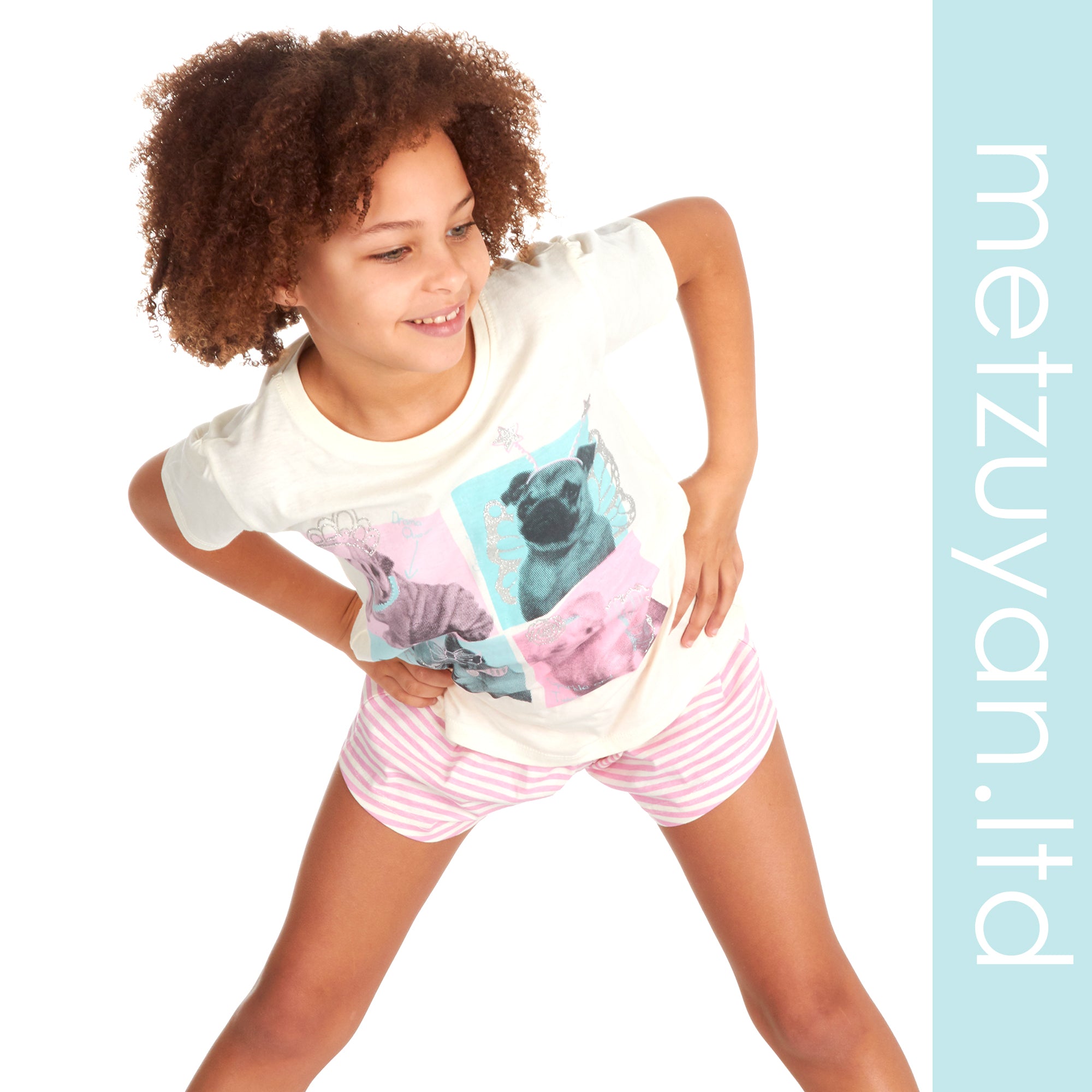 Kids Girls 100% Cotton Pyjamas Set Pug Stripe Print T-Shirt & Shorts Nightwear