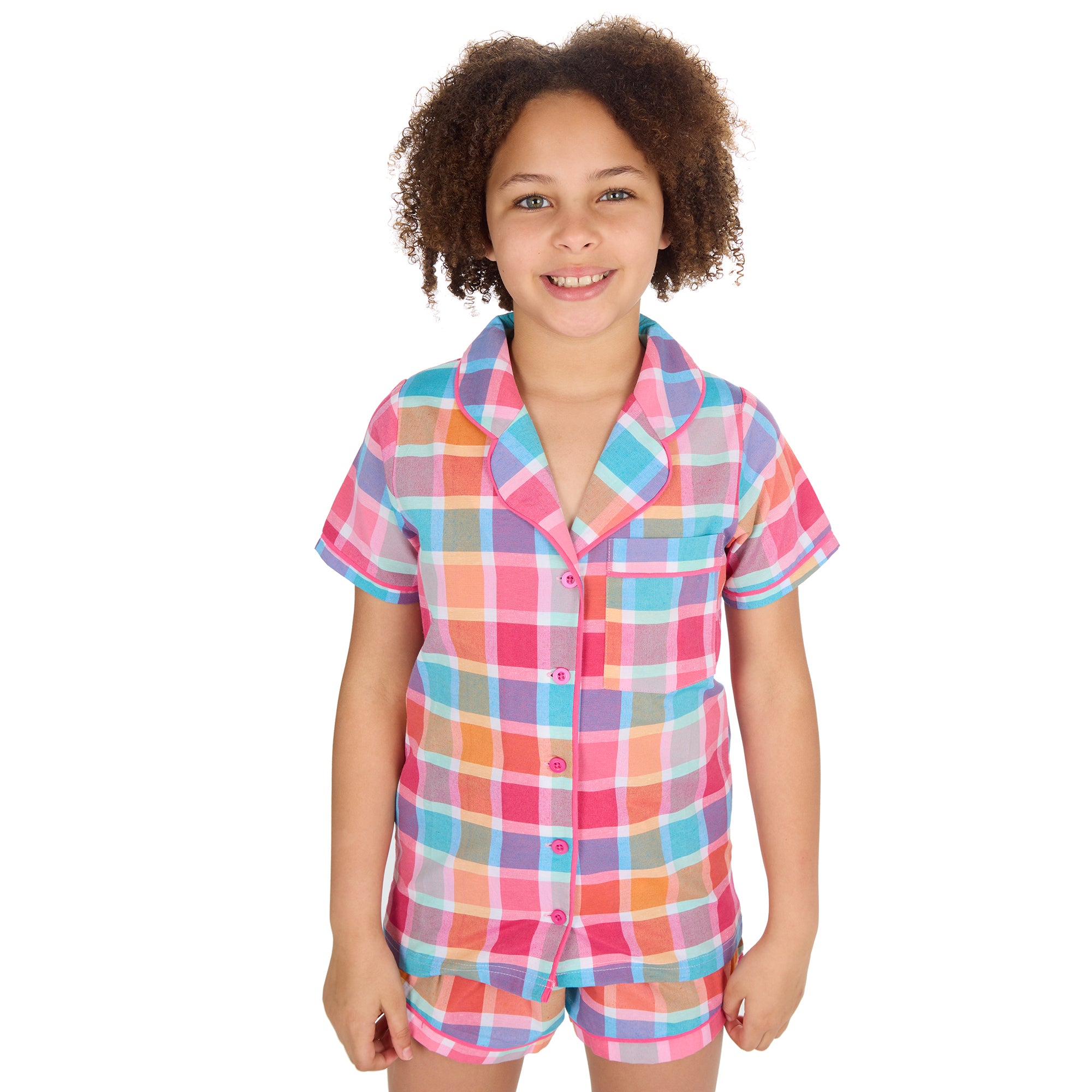 Kids Girls Checked Pyjamas Set 2-Piece Button Up Summer Holiday PJ's 9-13 Years