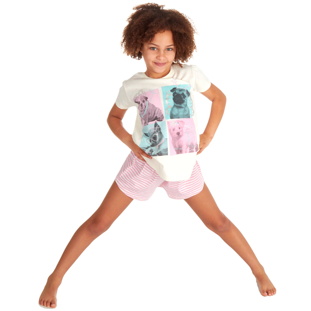 Kids Girls 100% Cotton Pyjamas Set Pug Stripe Print T-Shirt & Shorts Nightwear